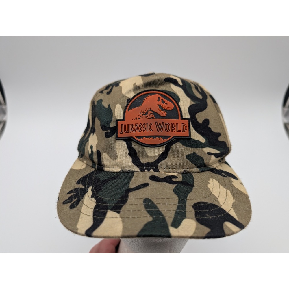 Jurassic World Camo Snapback Hat Woodland Camouflage Rubber Logo Patch Cap